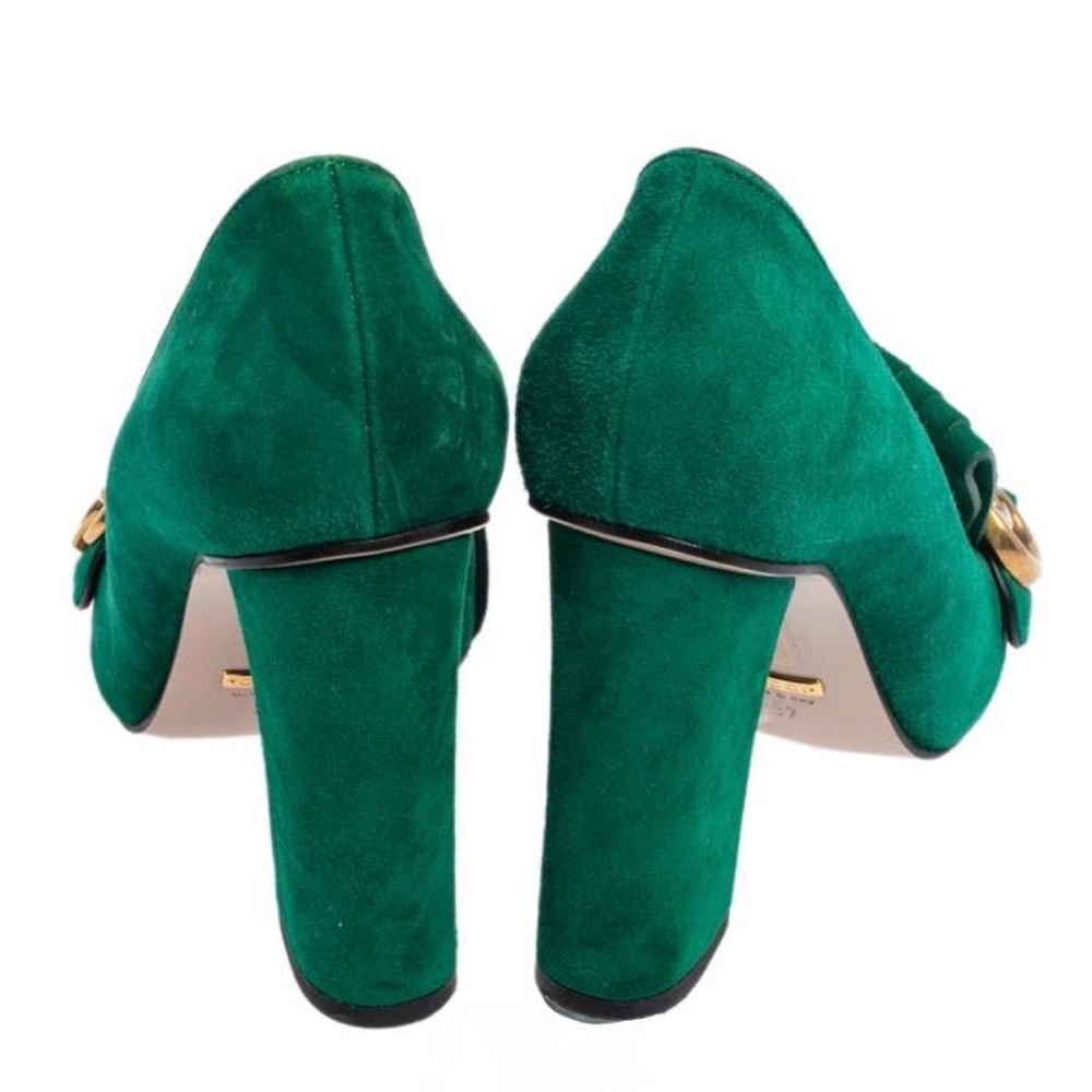 Gucci Green Suede Fringed Block Heel Pumps with Gold Double G - Picture 5 of 11